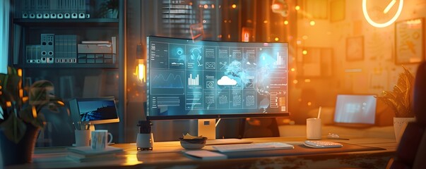 Holographic Interface in a Cozy Home Office with Virtual Weather Updates and Sticky Notes