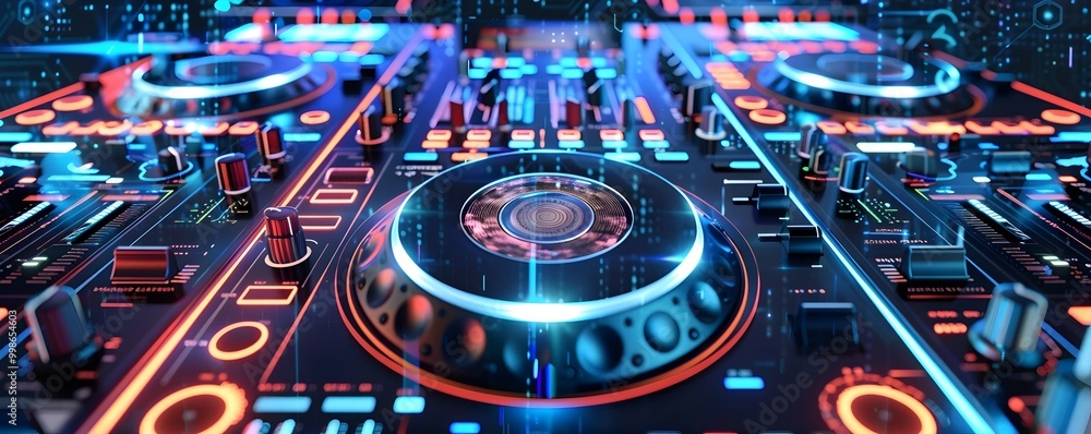 Poster futuristic holographic interface for virtual dj mixing and visualizations