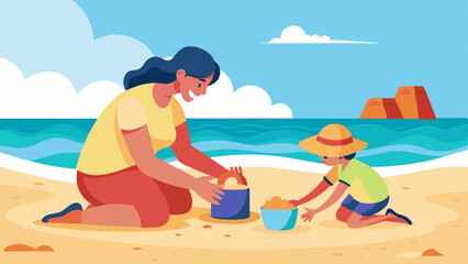 Hand-Drawn Mother and Child Building Sandcastle. Perfect for: Summer, Family Day, Beach Day