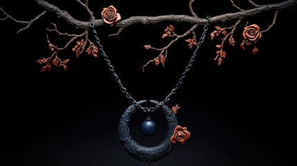 Fototapeta premium Unique necklace featuring a dark pendant and artistic rose details, showcasing elegance.