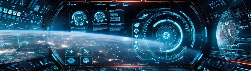Fototapeta premium Holographic Space Station Interface Showcasing Real Time Asteroid Field Navigation and Spaceship Statuses