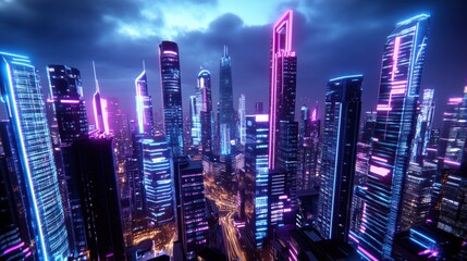 Obraz premium Futuristic Cityscape with Neon Lights at Dusk