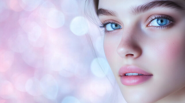 A young woman&acirc;s flawless face, her skin looking hydrated and radiant, set against a soft-focus bokeh background in pink and blue hues, creating an inviting space for medical or bea