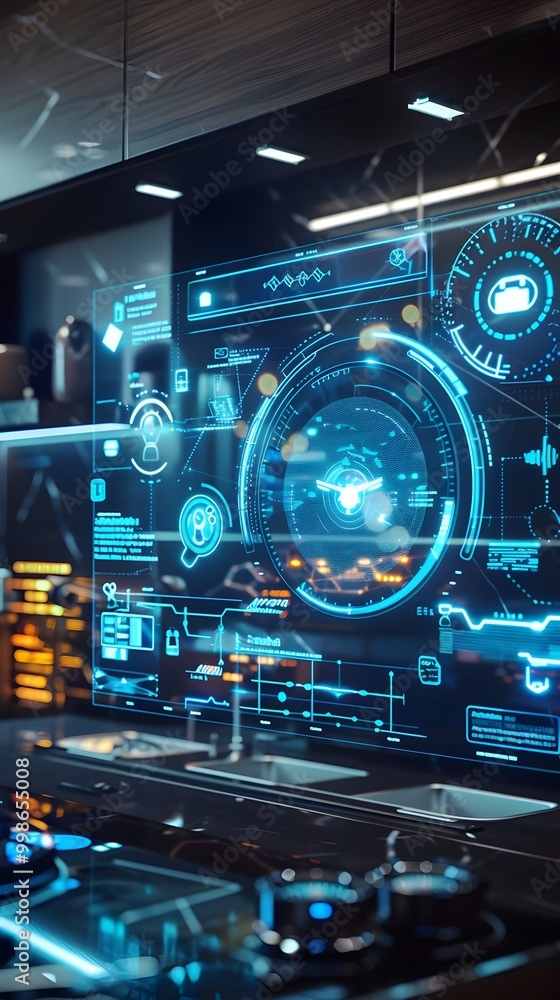 Poster holographic interface in a futuristic smart home displaying security and appliance controls