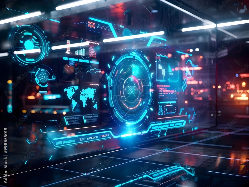 Poster holographic interface showcasing virtual gaming hub selections and data visualization
