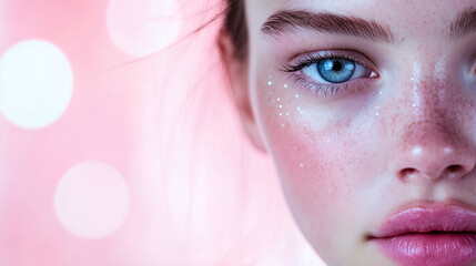 Fototapeta premium A young womanâs face with luminous, clear skin, her beauty highlighted by a gentle bokeh effect in pink and blue tones, creating a sophisticated, clean look for skincare or medical