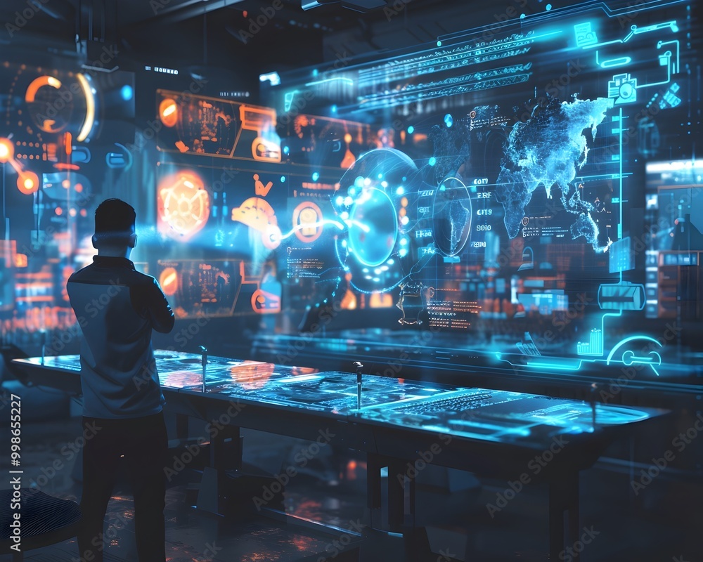 Poster futuristic holographic interface for virtual classroom with interactive lessons and student analytic