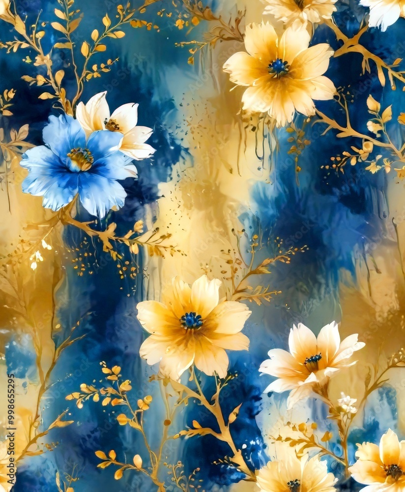 Poster a vibrant floral pattern with yellow and blue flowers, accented by gold leaves and branches the flow
