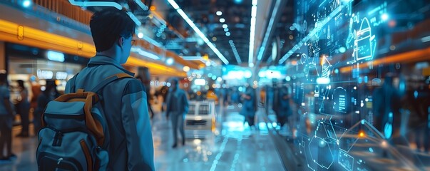 Holographic Interface Showcasing Product Details in Futuristic Shopping Mall