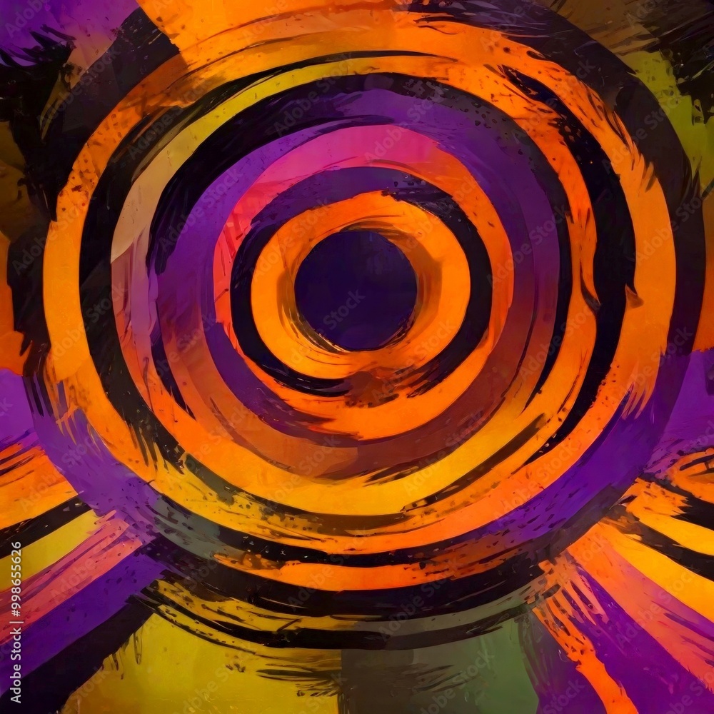 Poster a vibrant abstract composition of overlapping concentric circles in various shades of orange, purple, and black, creating a dynamic and visually striking effect