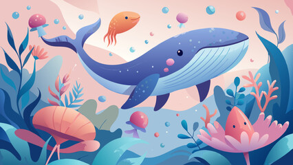 Cartoon Whales, Octopus, and Jellyfish in Animated Ocean World. Perfect for: Children's Parties, Ocean-Themed Events, Kid-Friendly Spaces