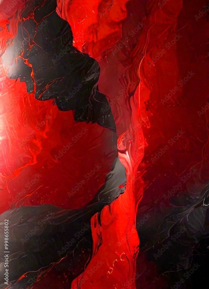Poster an abstract digital artwork featuring a striking contrast of red and black hues, with a central vertical line that appears to be dripping or flowing, adding a