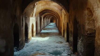 Fototapeta premium image showcases serene view of water flowing through maze of ancient aqueducts, creating tranquil atmosphere. interplay of light and shadow enhances architectural beauty of structure