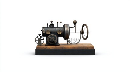 Fototapeta premium Vintage sewing machine on a wooden base, white isolated background.