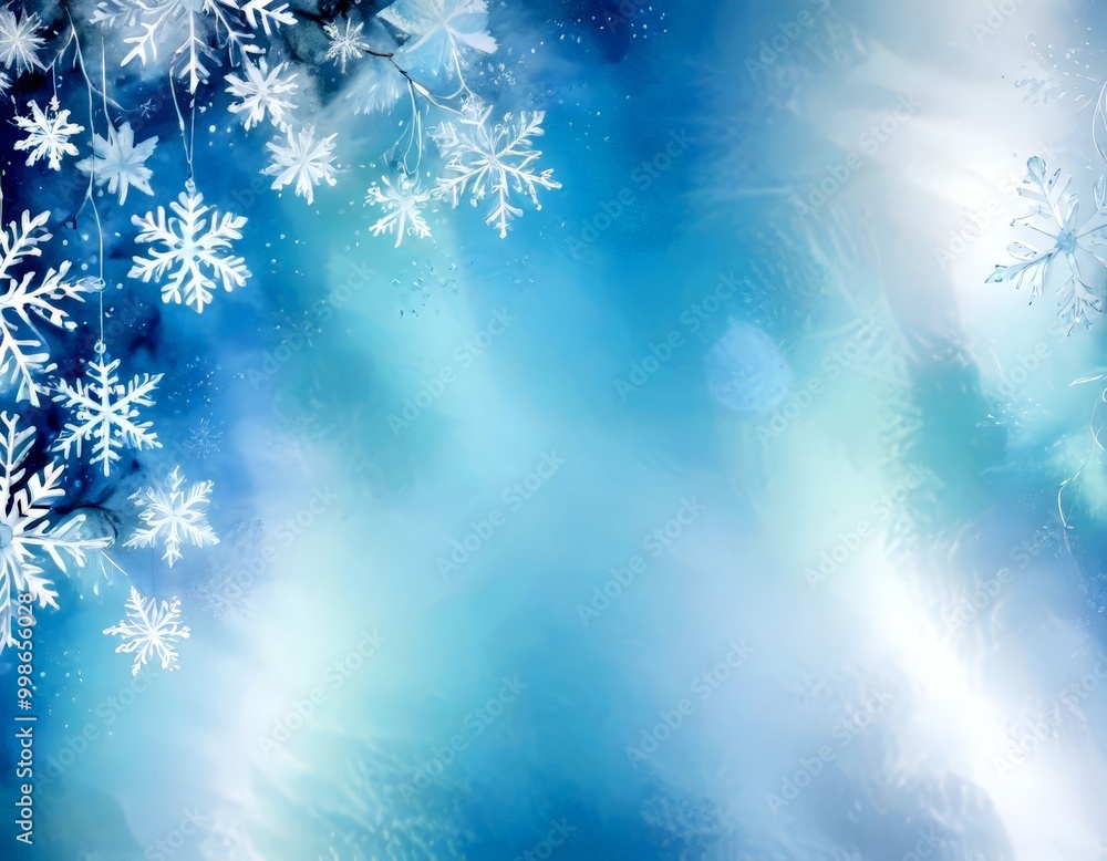 Poster a serene winter scene with snowflakes floating against a blue-green background, creating a dreamy an