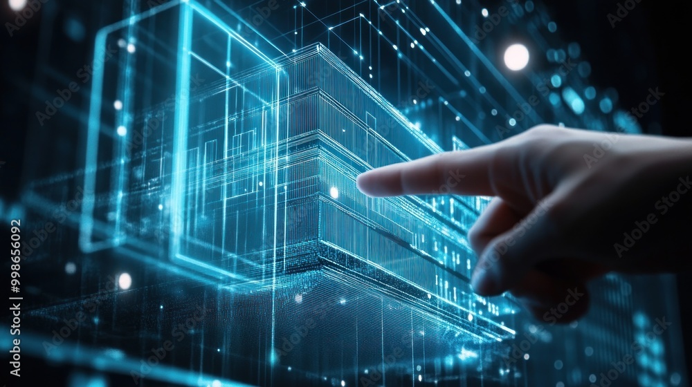 Poster a finger pointing at a glowing blue digital grid, representing data and technology.