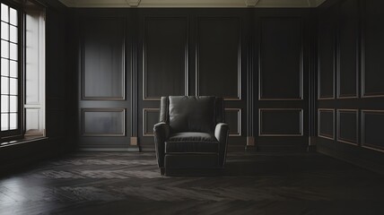Black Velvet Chair in Dark Room with Wainscot Walls