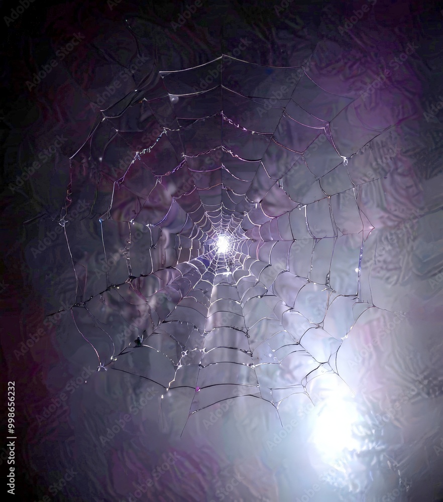 Fototapete a spider web glistens with dew, its intricate structure illuminated by a single light source, creati