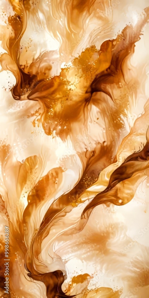 Poster an abstract painting featuring swirling patterns of brown and beige hues, with splashes of gold and white, creating a dynamic and captivating visual experience