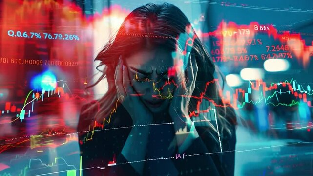 Stressed businesswoman in panic digital stock market financial background, Business failure and unemployment problems from the economic crisis	