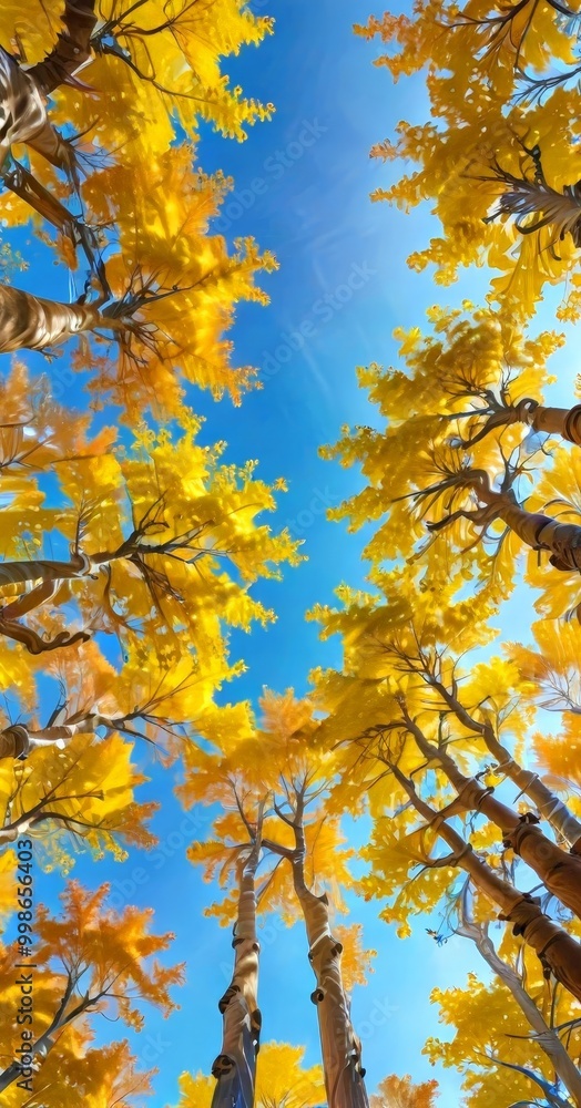 Poster a vibrant autumn scene unfolds as the viewer's gaze is drawn upwards towards a canopy of yellow and 
