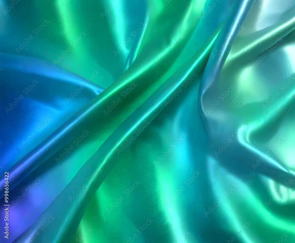 Poster a close-up view fabric with a gradient of green and blue colors, creating a flowing and textured appearance
