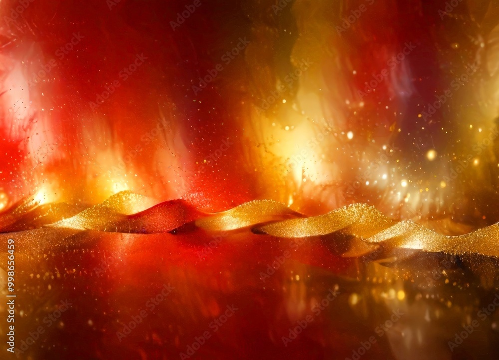 Poster a vibrant abstract scene with a fiery red and orange gradient background, shimmering golden waves, and a reflective surface that mirrors the dynamic energy of the composition