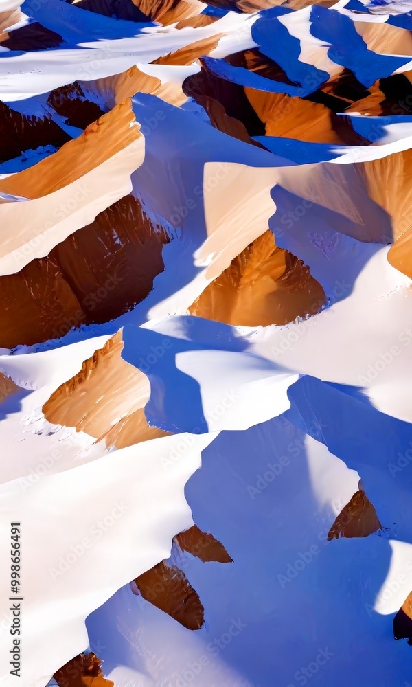Poster aerial view of snow-capped mountains, showcasing a complex interplay of light and shadow