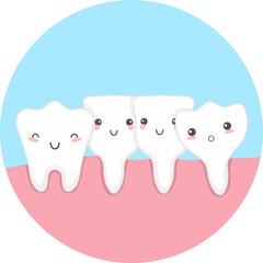 Cute teeth, teeth growing crooked. Vector illustration.