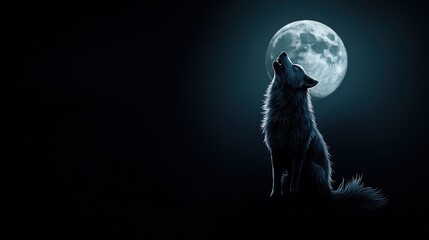 Obraz premium Wolf howling against a full moon, dark background.