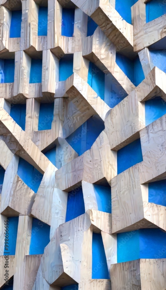 Poster a close-up view building facade with a geometric pattern of blue and gray concrete blocks arranged in a complex, overlapping manner