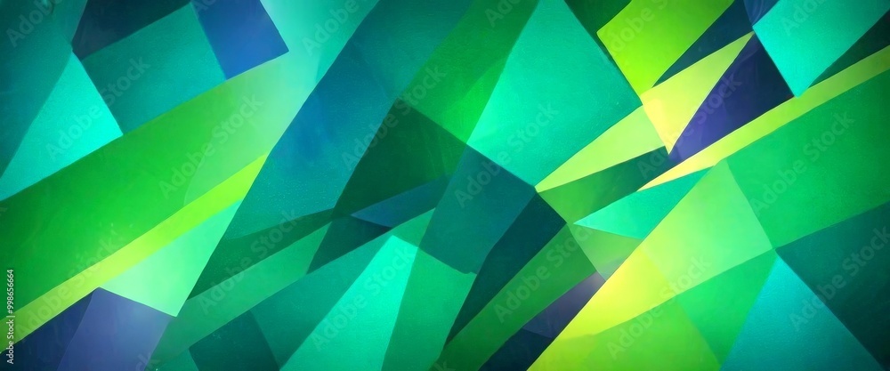 Poster a vibrant abstract composition of overlapping triangular shapes in various shades of green, blue, and yellow, creating a dynamic and visually striking pattern