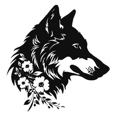 Wolf Head with Flowers silhouette vector illustration