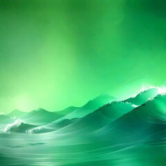 Obraz premium A serene ocean scene with rolling waves and a deep green hue, set against a backdrop of distant mountains under a clear sky