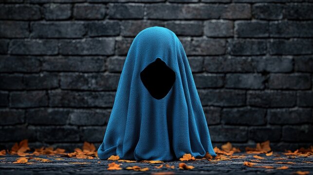 A blue ghost figure draped over a mysterious presence against a dark brick wall.