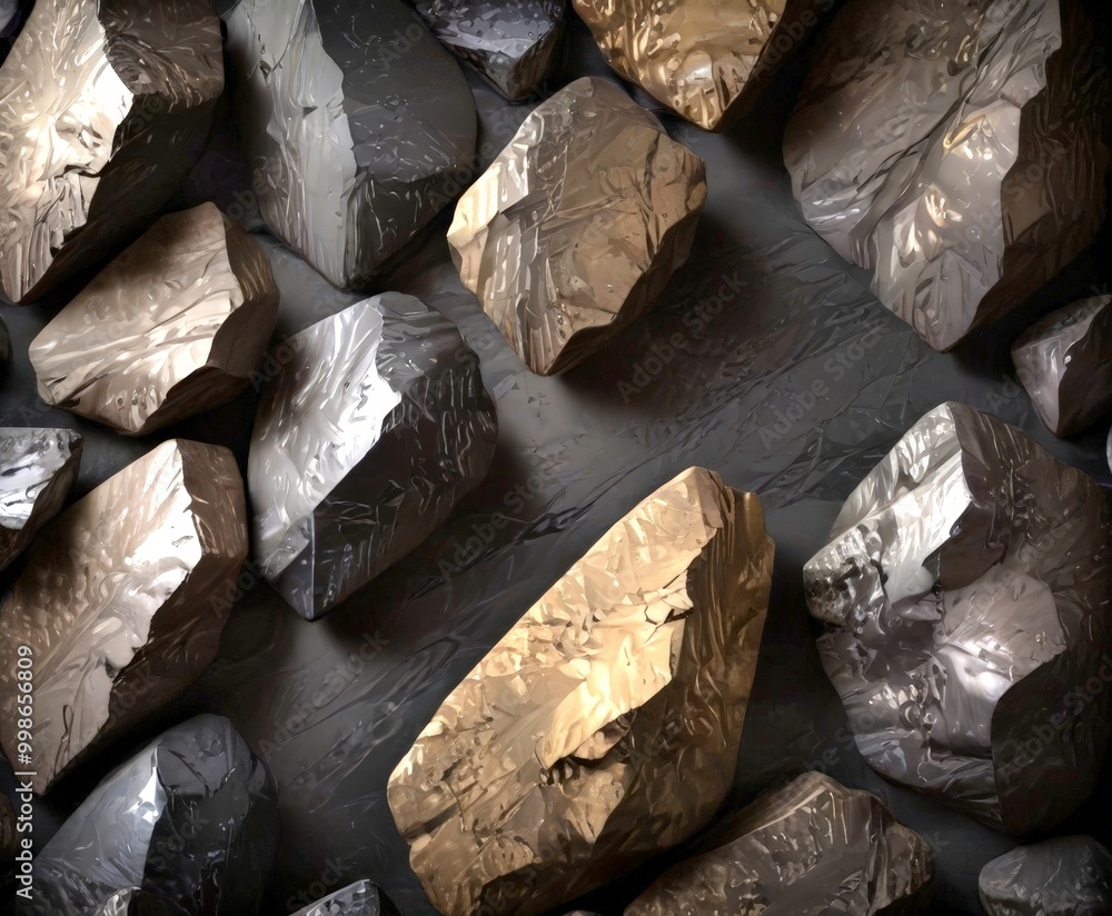 Poster a collection of dark, irregularly shaped rocks with a rough, textured surface, arranged in a random pattern against a dark background