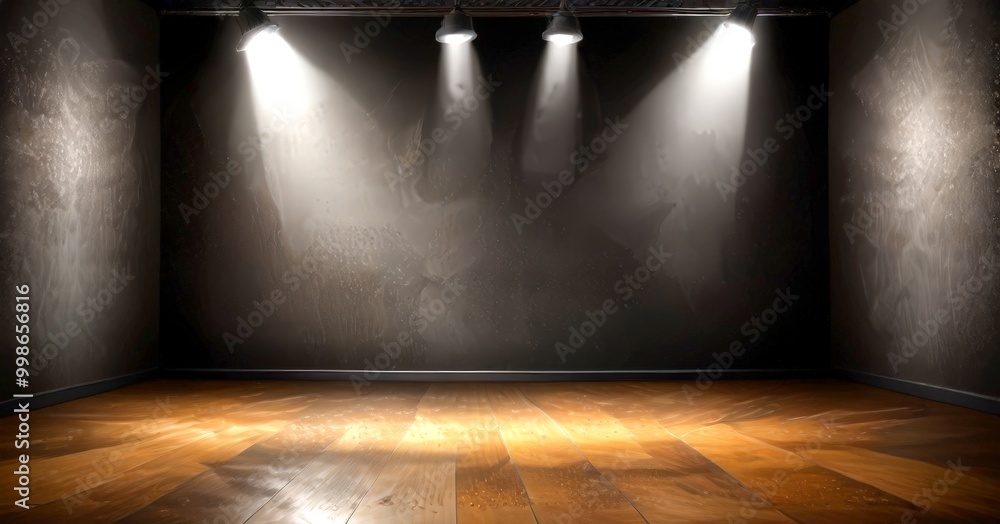 Poster a dimly lit room with a wooden floor, featuring three spotlights shining down on a dark wall, creati
