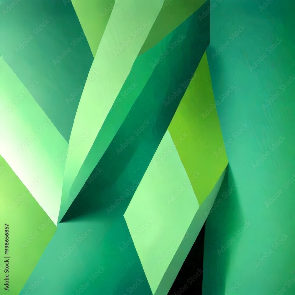 Poster a geometric abstract composition of intersecting green and black lines and shapes, creating a sense 