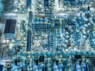 Oil refinery chemical plant industrial equipment buildings at night