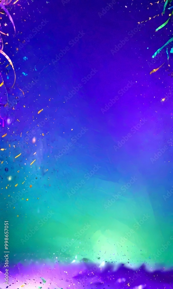 Poster a vibrant, abstract background with a gradient of purple and green hues, accented by scattered gold 