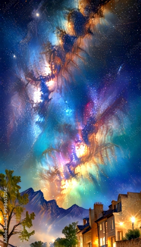 Poster a night sky filled with a vibrant display of colors and patterns, including a galaxy-like structure 
