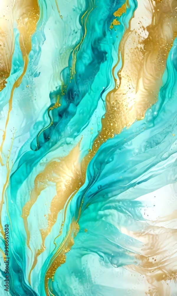 Aufkleber an abstract painting with turquoise and gold hues, creating a dynamic and swirling pattern The has used gold glitter to accentuate the swirling motion, adding a touch