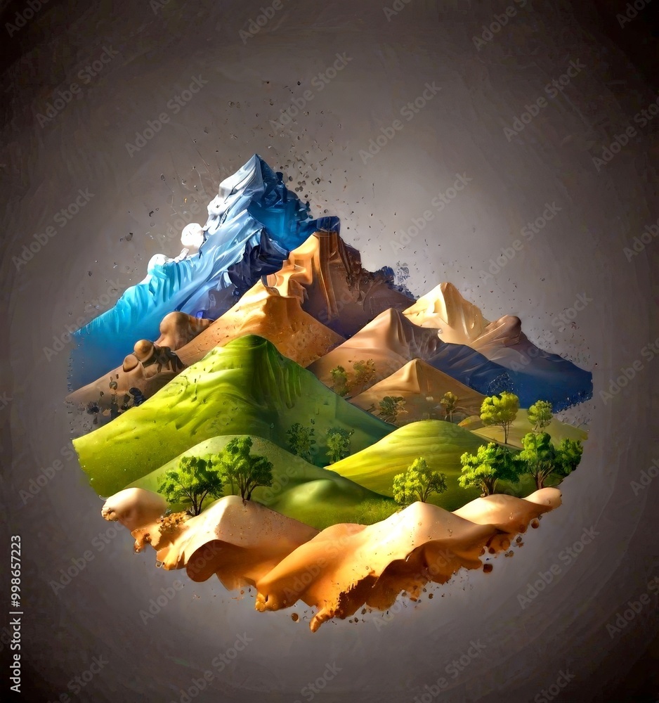 Poster a surreal landscape with mountains, trees, and a body of water, in a style with a gradient effect