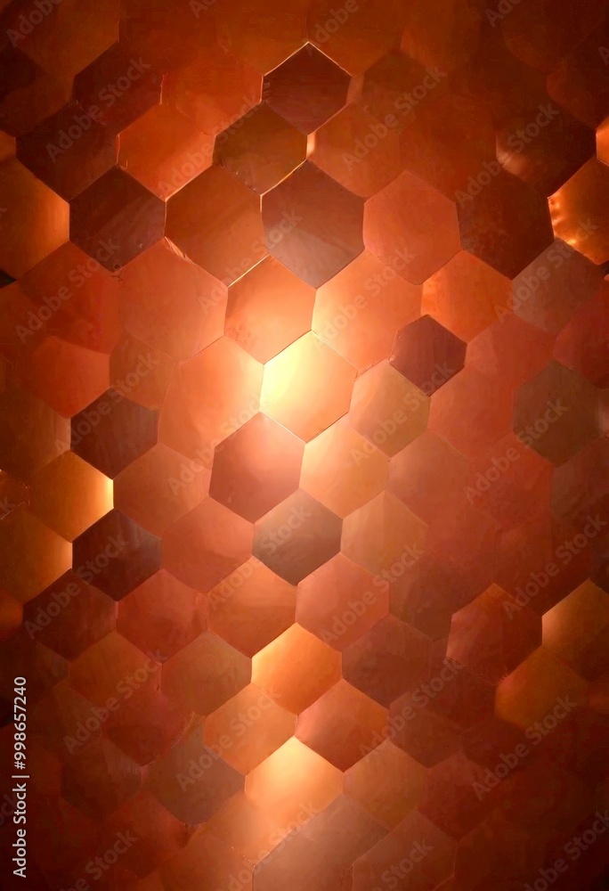 Poster a close-up view pattern composed of numerous hexagonal tiles in varying shades of brown, arranged in