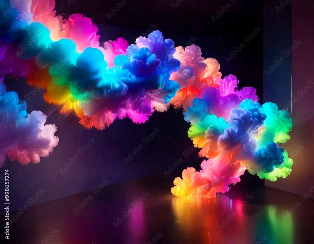 Poster a vibrant, abstract scene with a series of colorful, cloud-like shapes suspended in mid-air against 