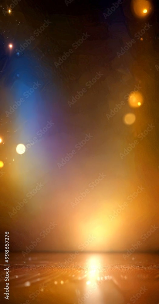 Poster a dimly lit stage with a blurred background, featuring a warm glow from the center and a subtle reflection on the floor