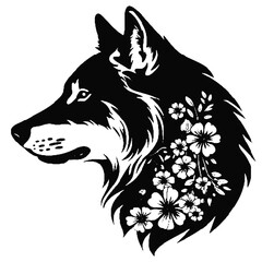 Wolf Head with Flowers silhouette vector illustration