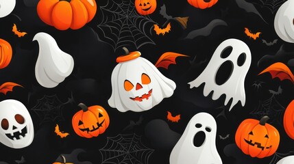 Fototapeta premium Seamless pattern with spooky pumpkins and ghosts for Halloween.