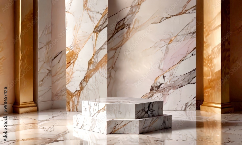 Aufkleber A marble pedestal with a geometric design sits in a room with marble walls and columns, creating a visually striking and elegant setting