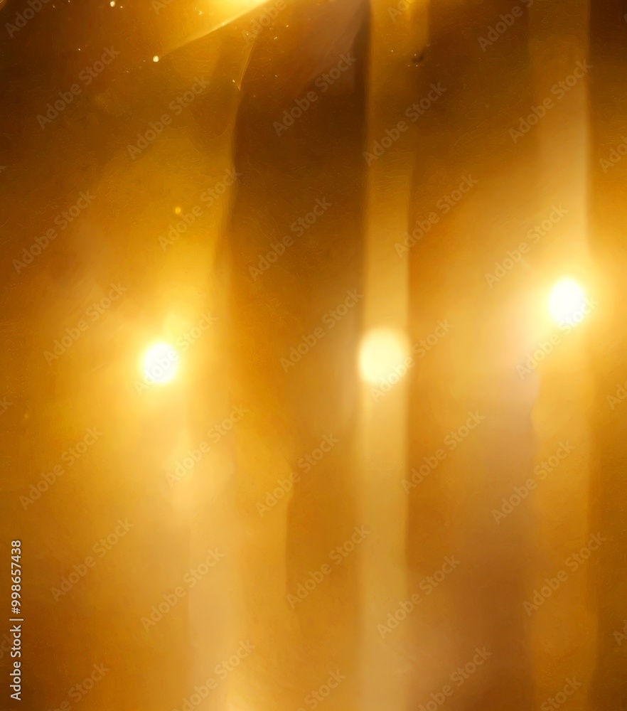 Poster a blurred, golden-hued background with three bright, white lights shining in the top right corner, c